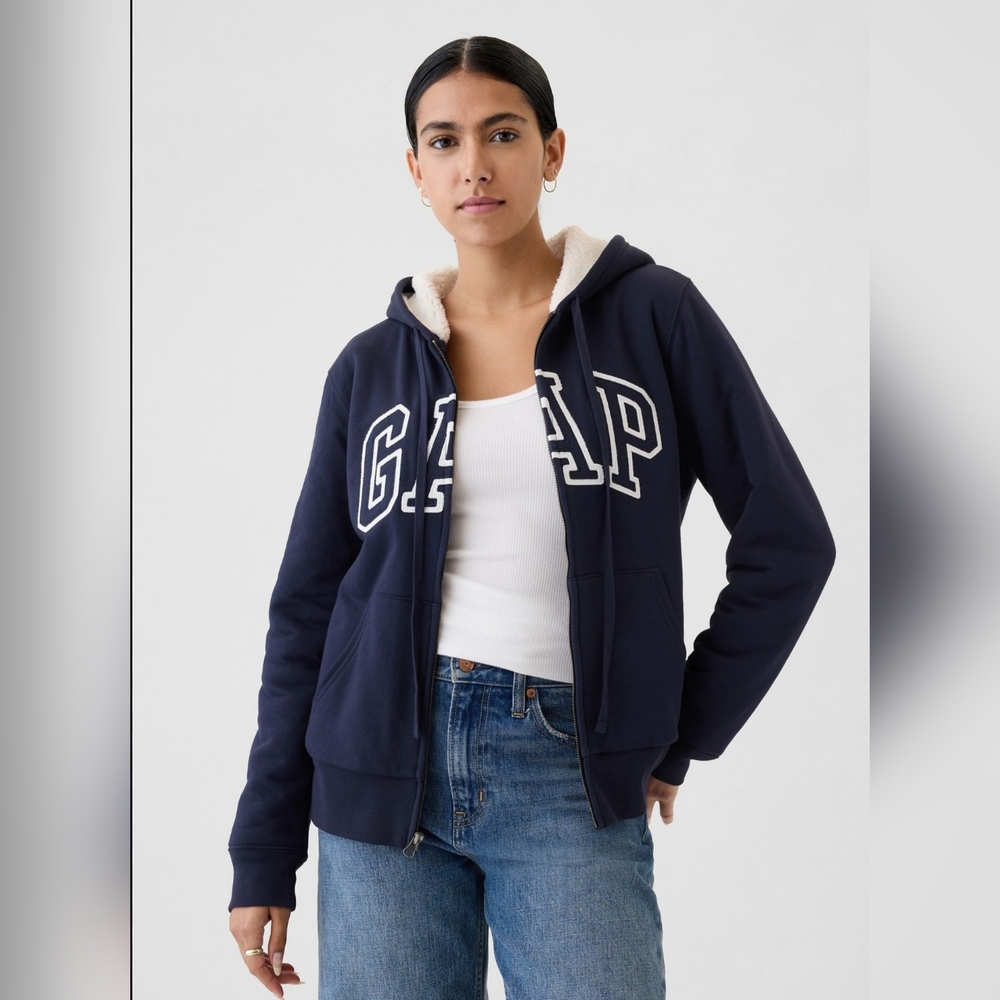 GAP Navy Blue Relaxed Logo Sherpa-Lined Zip Hoodie Lg New